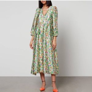 baum und pferdgarten asana green floral puff sleeve satin midi dress 38/6